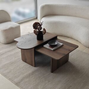 wohnli-moebel-suche-M26072301-1 Couchtische 2er Set asymmetrische Tischplatten L105 cm - Nussbaumdekor 105x35x60cm Spanplatte Braun Calicosy Möbel Wohnzimmermöbel Couchtische