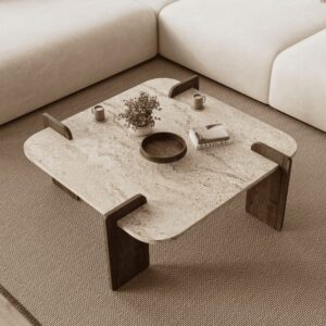 wohnli-moebel-suche-M26072309-1 Couchtisch mit quadratischer Tischplatte L90 cm - Travertindekor 90x35x90cm Spanplatte Beige Calicosy Möbel Wohnzimmermöbel Couchtische