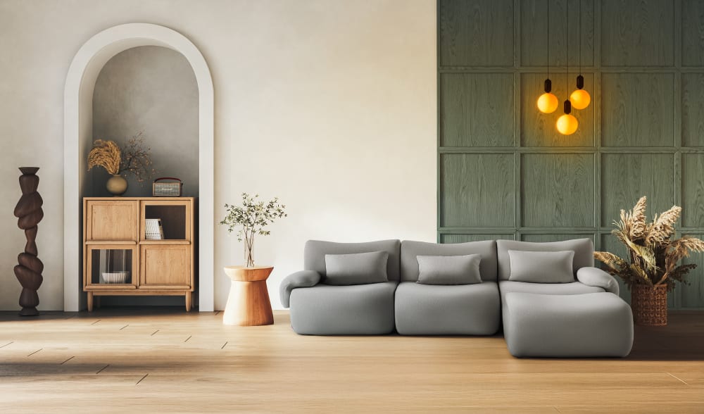 Ecksofa 3-Sitzer mit Chaiselongue aus feinem Bouclé-Stoff Wolkengrau 281x73x190cm Stoff Grau MILYsofa Sofas und Sessel Sofas Ecksofas