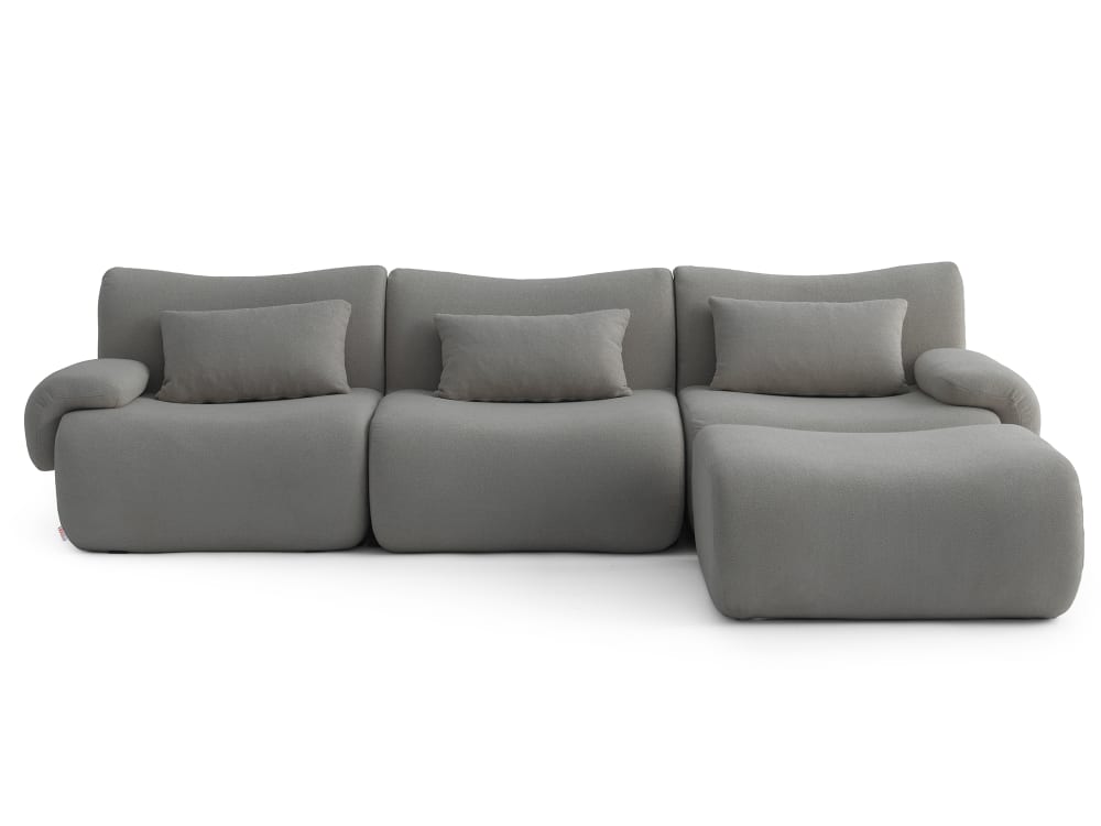 Wohnli Möbelsuche - Ecksofa 3-Sitzer mit Chaiselongue aus feinem Bouclé-Stoff Wolkengrau
