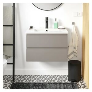 wohnli-moebel-suche-M26074627-1 Einzelwaschtisch-Set 60cm mit Keramikplatte und schwarzem Wasserhahn 60x45x43cm Spanplatte Braun Mob In Möbel Badezimmermöbel Waschtische