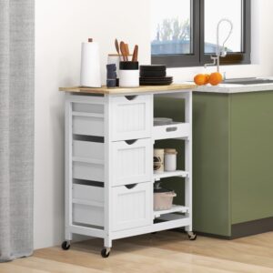 Chariot de service cuisine 3 tiroirs bois de caoutchouc blanc 67x86x37cm Spanplatte Weiß Homcom Möbel Küchenmöbel Kücheninseln & Servierwägen