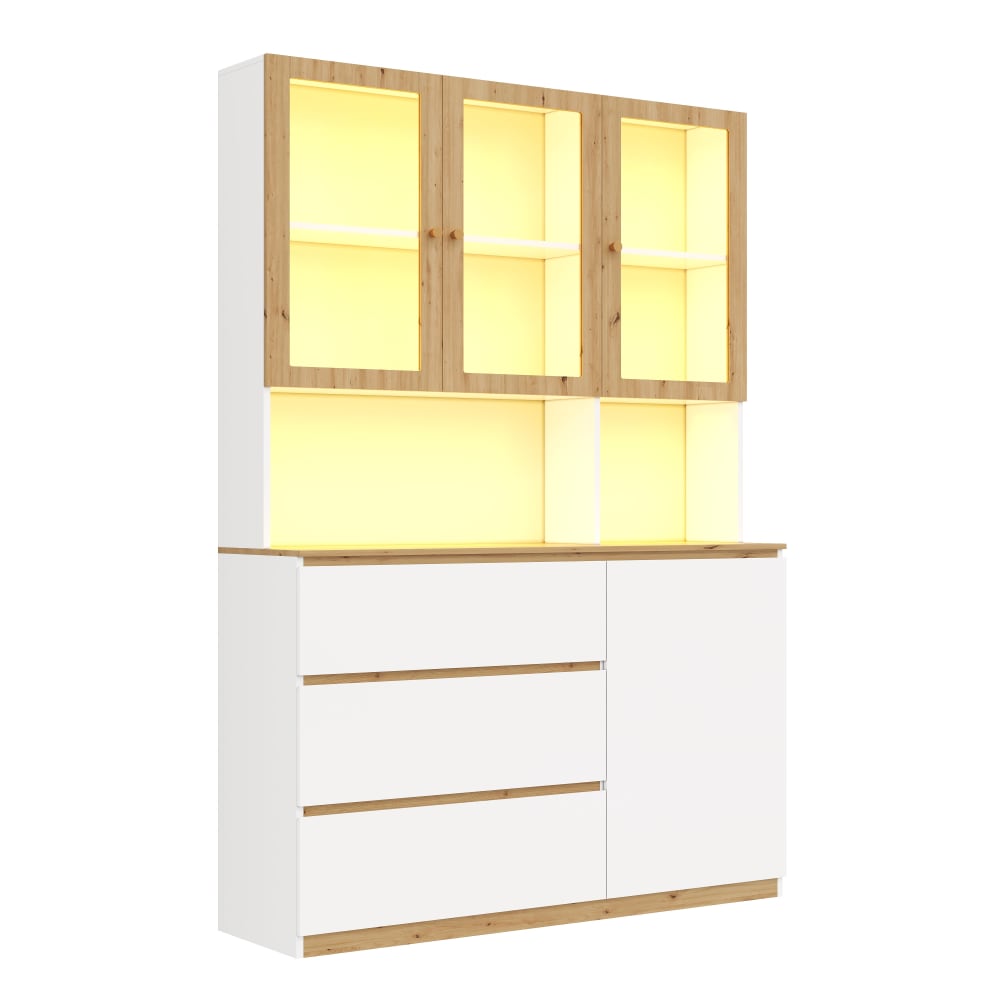 wohnli-moebel-suche-M26075188 Wohnli Möbelsuche - Hohe Vitrine in Eichenoptik mit LED-Beleuchtung und Ablagefläche