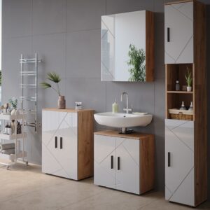 wohnli-moebel-suche-M26075293-1 Badspiegelschrank 0 Weiß/Eiche 60x75cm 60x75x18cm Spanplatte Weiß Vicco Möbel Badezimmermöbel Badezimmerschränke