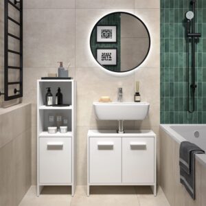wohnli-moebel-suche-M26075345-1 Badezimmermöbel-Set 2 Teile Weiß 63.8x57cm 64x57x27cm Spanplatte Weiß Vicco Möbel Badezimmermöbel