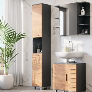 wohnli-moebel-suche-M26075346-1 Hochschrank mit 2 Türen Anthrazit/Goldkraft Eiche 30.2x190cm 31x190x30cm Spanplatte Schwarz Vicco Möbel Badezimmermöbel Bad-Hochschränke