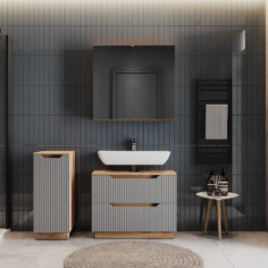 Badmöbel-Set 3 Teile Eiche/grau gestreift 79.6x62.5cm 80x63x32cm Spanplatte Grau Vicco Möbel Badezimmermöbel