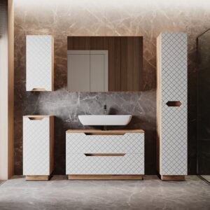 Badmöbel-Set 5 Teile Eiche/Weiß mit Kachelstruktur 99.4x62.5cm 100x63x32cm Spanplatte Weiß Vicco Möbel Badezimmermöbel