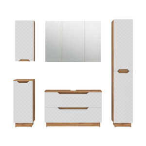 Wohnli Möbelsuche - Badmöbel-Set 5 Teile Eiche/Weiß mit Kachelstruktur 99.4x62.5cm
