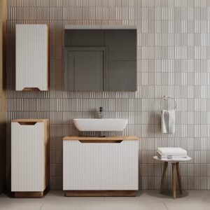 Badmöbel-Set 4 Teile Eiche/weiß gestreift 79.6x62.1cm 80x63x32cm Spanplatte Weiß Vicco Möbel Badezimmermöbel