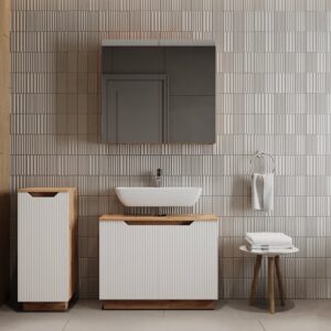 Badmöbel-Set 3 Teile Eiche/weiß gestreift 79.6x62.1cm 80x63x32cm Spanplatte Weiß Vicco Möbel Badezimmermöbel