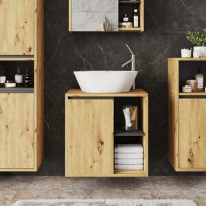 Waschbeckenunterschrank mit offenen Regalen Artisan/Grau 60x60cm 60x60x46cm Spanplatte Braun Vicco Möbel Badezimmermöbel Waschtische