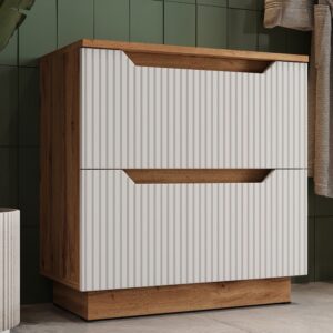 wohnli-moebel-suche-M26075434-1 Waschbeckenunterschrank mit 2 Schubladen Eiche gestreift 59.8x62.5 60x63x32cm Spanplatte Weiß Vicco Möbel Badezimmermöbel Waschtische