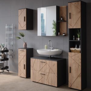 Badspiegelschrank  Anthrazit/Goldkraft Eiche 80x75cm 80x75x18cm Spanplatte Schwarz Vicco Möbel Badezimmermöbel Badezimmerschränke