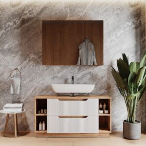 Badmöbel-Set 2 Teile Eiche/weiß gestreift 119.2x62.5cm 120x63x35cm Spanplatte Weiß Vicco Möbel Badezimmermöbel