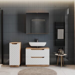wohnli-moebel-suche-M26075490-1 Badmöbel-Set 3 Teile Eiche/Weiß mit Kachelstruktur 79.6x63cm 80x63x32cm Spanplatte Weiß Vicco Möbel Badezimmermöbel