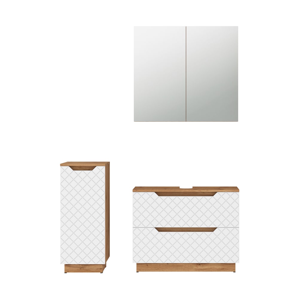 Wohnli Möbelsuche - Badmöbel-Set 3 Teile Eiche/Weiß mit Kachelstruktur 79.6x63cm