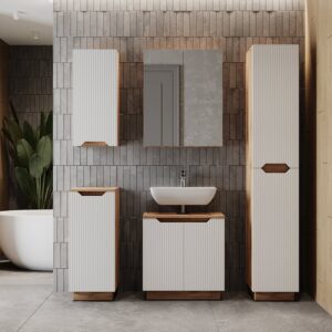 wohnli-moebel-suche-M26075497-1 Badmöbel-Set 5 Teile Eiche/weiß gestreift 59.8x62.1cm 60x63x32cm Spanplatte Weiß Vicco Möbel Badezimmermöbel