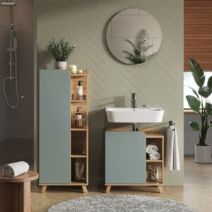 wohnli-moebel-suche-M26075498-1 Midischrank mit Tür und offenen Fächern Sonoma/Blau 50x128cm 50x128x35cm Spanplatte Braun Vicco Möbel Badezimmermöbel