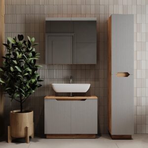 wohnli-moebel-suche-M26075506-1 Badmöbel-Set 3 Teile Eiche/grau gestreift 79.6x62.5cm 80x63x32cm Spanplatte Grau Vicco Möbel Badezimmermöbel