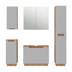 Wohnli Möbelsuche - Badmöbel-Set 5 Teile Eiche/Grau mit Kachelstruktur 79.6x62.1cm