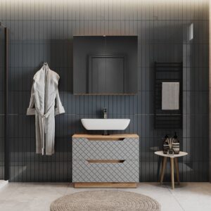 wohnli-moebel-suche-M26075529-1 Badmöbel-Set 2 Teile Eiche/Grau mit Kachelstruktur 79.6x62.5cm 80x63x32cm Spanplatte Grau Vicco Möbel Badezimmermöbel
