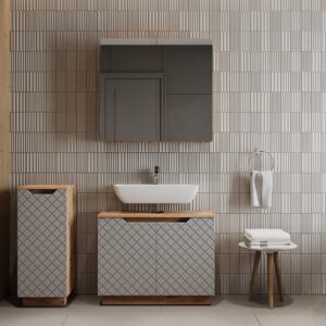 Badmöbel-Set 3 Teile Eiche/Grau mit Kachelstruktur 79.6x62cm 80x63x32cm Spanplatte Grau Vicco Möbel Badezimmermöbel