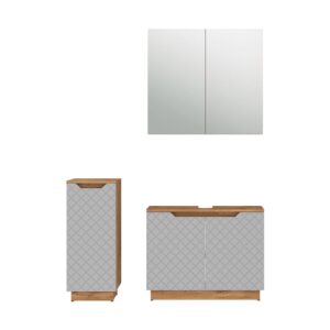 Wohnli Möbelsuche - Badmöbel-Set 3 Teile Eiche/Grau mit Kachelstruktur 79.6x62cm