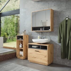 Badmöbel-Set 3 Teile mit Midischrank Artisan Eiche 80x72cm 80x64x35cm Spanplatte Braun Vicco Möbel Badezimmermöbel