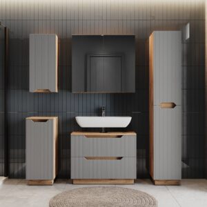 wohnli-moebel-suche-M26075540-1 Badmöbel-Set 5 Teile Eiche/grau gestreift 79.6x62.1cm 80x63x32cm Spanplatte Grau Vicco Möbel Badezimmermöbel