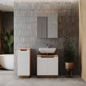 Badmöbel-Set 3 Teile Eiche/Weiß mit Kachelstruktur 59.8x62cm 60x63x32cm Spanplatte Weiß Vicco Möbel Badezimmermöbel