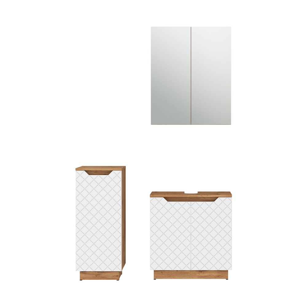 Wohnli Möbelsuche - Badmöbel-Set 3 Teile Eiche/Weiß mit Kachelstruktur 59.8x62cm