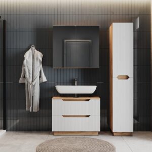 Badmöbel-Set 3 Teile Eiche/weiß gestreift 79.6x62.5cm 80x63x32cm Spanplatte Weiß Vicco Möbel Badezimmermöbel