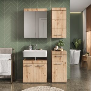 wohnli-moebel-suche-M26075549-1 Badmöbel-Set 4 Teile mit Hängeschrank Eiche Wotan 60x56cm 60x56x34cm Spanplatte Braun Vicco Möbel Badezimmermöbel