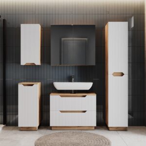 wohnli-moebel-suche-M26075563-1 Badmöbel-Set 5 Teile Eiche/weiß gestreift 79.6x62.1cm 80x63x32cm Spanplatte Weiß Vicco Möbel Badezimmermöbel