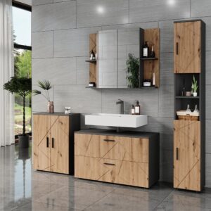 Badmöbel-Set 4 Teile Anthrazit/Goldkraft Eiche 100.1x60.6cm 101x61x41cm Spanplatte Schwarz Vicco Möbel Badezimmermöbel