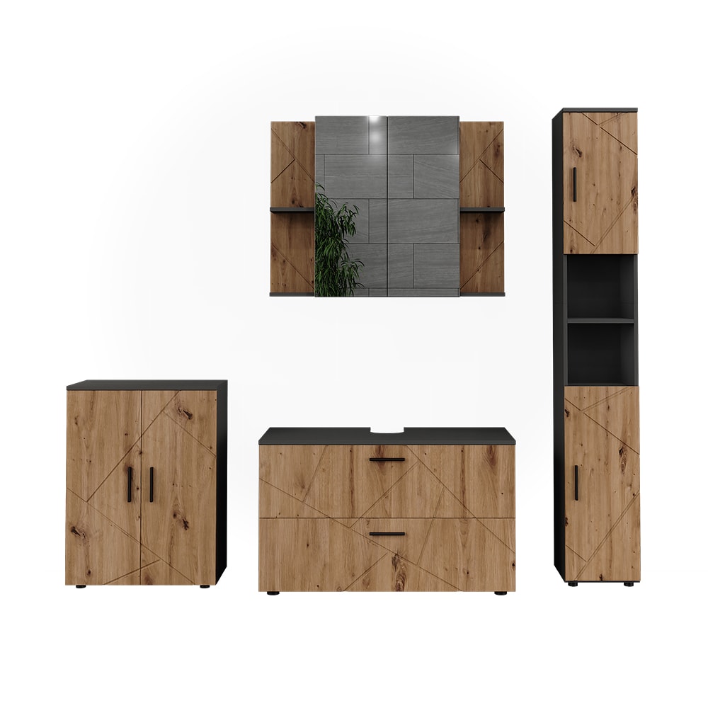 Wohnli Möbelsuche - Badmöbel-Set 4 Teile Anthrazit/Goldkraft Eiche 100.1x60.6cm