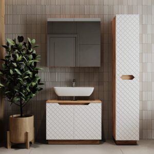 Badmöbel-Set 3 Teile Eiche/Weiß mit Kachelstruktur 79.6x63cm 80x63x32cm Spanplatte Weiß Vicco Möbel Badezimmermöbel
