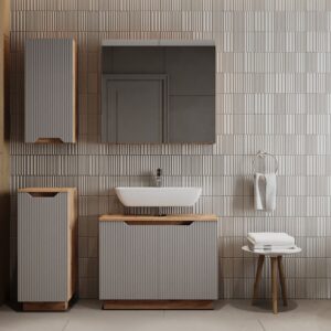 Badmöbel-Set 4 Teile Eiche/grau gestreift 79.6x62.1cm 80x63x32cm Spanplatte Grau Vicco Möbel Badezimmermöbel