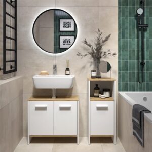 wohnli-moebel-suche-M26075585-1 Badezimmermöbel-Set 2 Teile Weiß/Goldkraft Eiche 63.8x57cm 64x57x27cm Spanplatte Weiß Vicco Möbel Badezimmermöbel
