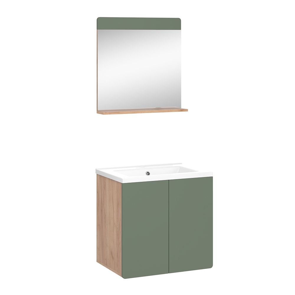 Wohnli Möbelsuche - Badmöbel-Set 3 Teile mit Spiegel Goldkraft Eiche/Grün 61