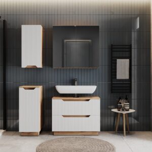 Badmöbel-Set 4 Teile Eiche/weiß gestreift 79.6x62.5cm 80x63x32cm Spanplatte Weiß Vicco Möbel Badezimmermöbel