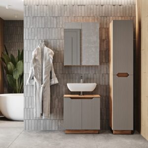 wohnli-moebel-suche-M26075610-1 Badmöbel-Set 3 Teile Eiche/grau gestreift 59.8x62.1cm 60x63x32cm Spanplatte Grau Vicco Möbel Badezimmermöbel