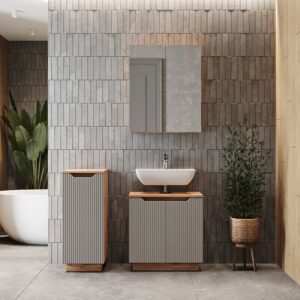 wohnli-moebel-suche-M26075614-1 Badmöbel-Set 3 Teile Eiche/grau gestreift 59.8x62.1cm 60x63x32cm Spanplatte Grau Vicco Möbel Badezimmermöbel