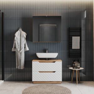Badmöbel-Set 2 Teile Eiche/Weiß mit Kachelstruktur 79.6x62.5cm 80x63x32cm Spanplatte Weiß Vicco Möbel Badezimmermöbel
