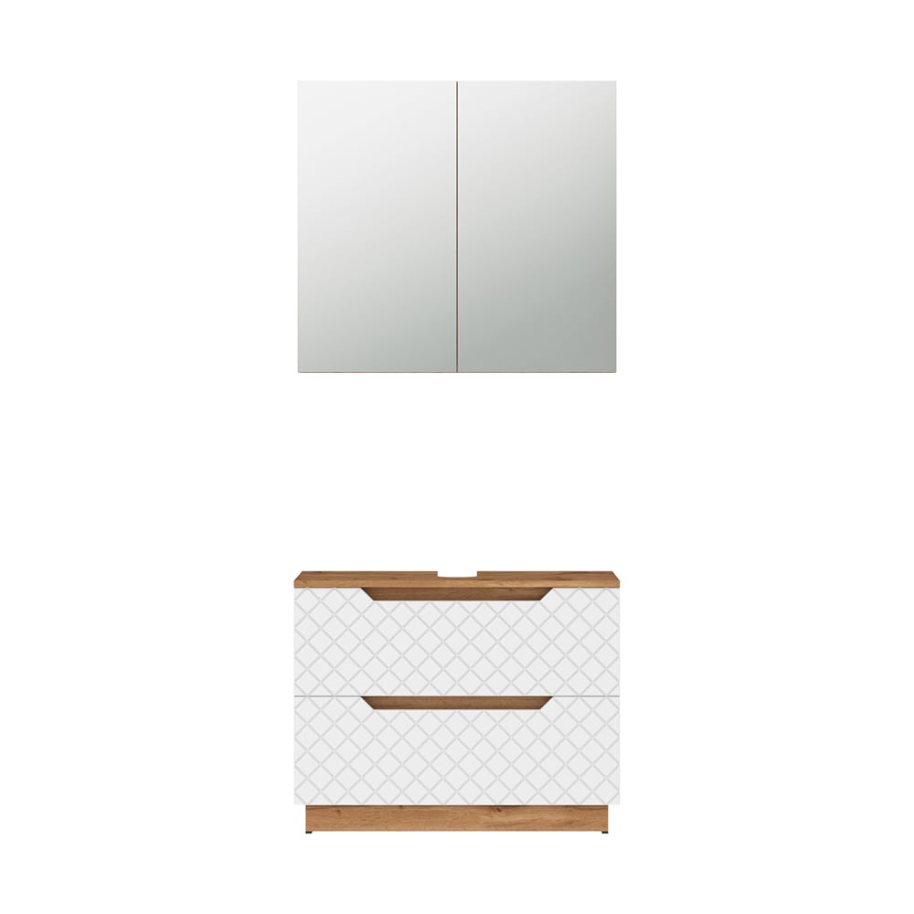 Wohnli Möbelsuche - Badmöbel-Set 2 Teile Eiche/Weiß mit Kachelstruktur 79.6x62.5cm