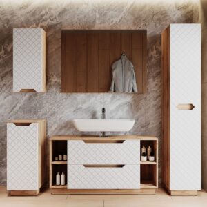 Badmöbel-Set 5 Teile Eiche/Weiß mit Kachelstruktur 119.2x62.5cm 120x63x35cm Spanplatte Weiß Vicco Möbel Badezimmermöbel