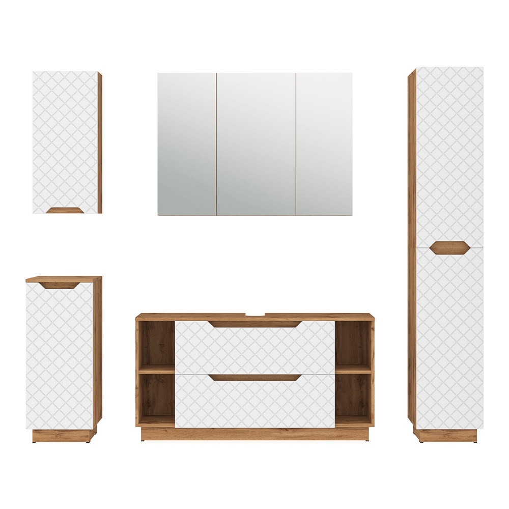 wohnli-moebel-suche-M26075621 Wohnli Möbelsuche - Badmöbel-Set 5 Teile Eiche/Weiß mit Kachelstruktur 119.2x62.5cm