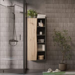 wohnli-moebel-suche-M26075624-1 Badschrank mit 5 offenen Fächern Artisan Eiche/Anthrazit 56x130cm 56x130x30cm Spanplatte Braun Vicco Möbel Badezimmermöbel Bad-Hochschränke