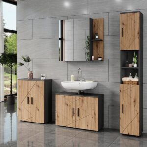 Badmöbel-Set 4 Teile Anthrazit/Goldkraft Eiche 80x59cm 80x59x30cm Spanplatte Schwarz Vicco Möbel Badezimmermöbel